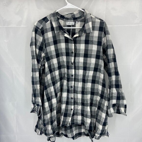 Habitat Women L Tunic Top Button Up Black White Plaid Lightweight Minimalist - Picture 1 of 9